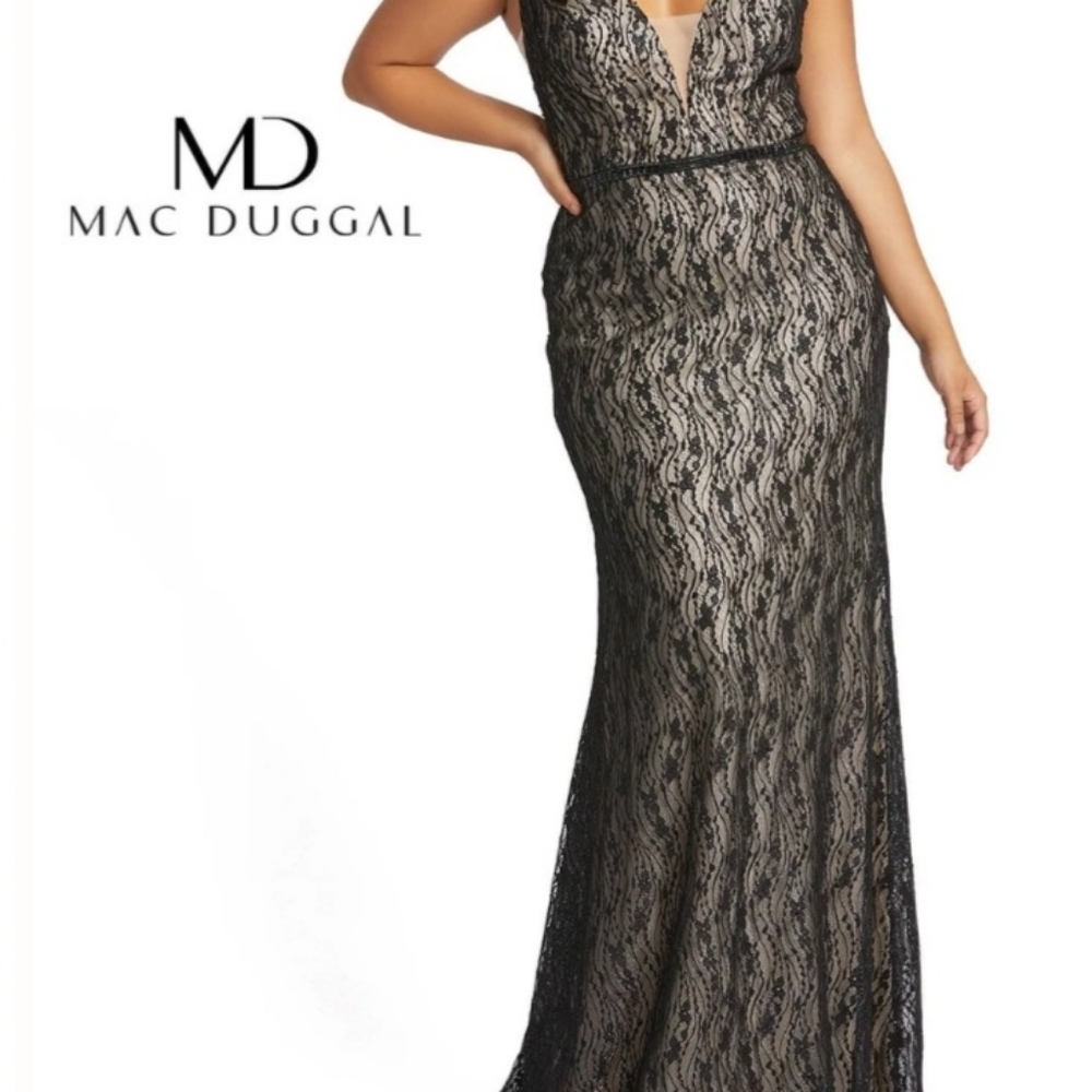 Black nude A-line gown with lace overlay